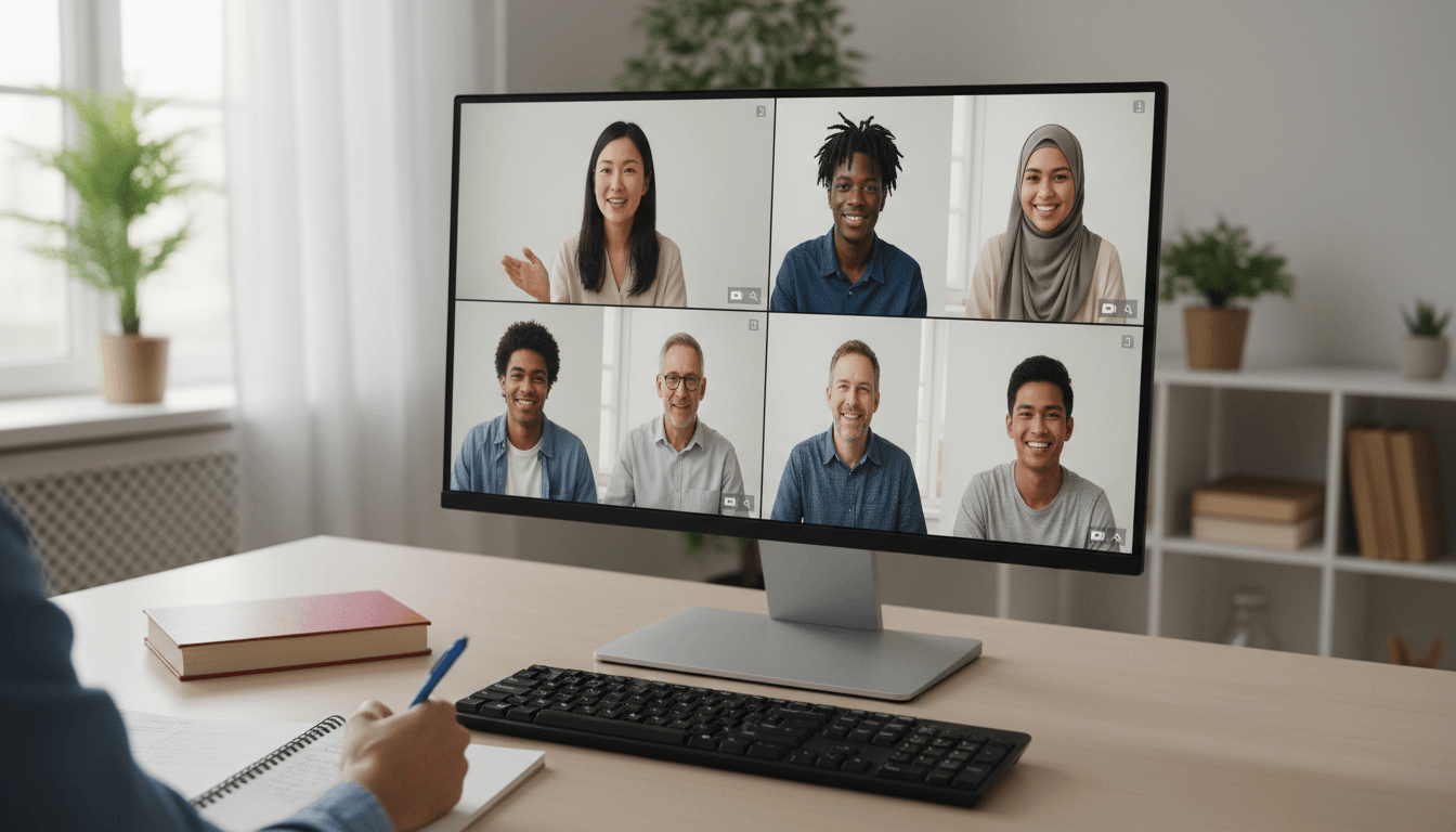 Multiple diverse students participating in online English language class via video conference with instructor visible on laptop screen Multiple diverse students participating in online English language class via video conference with instructor visible on laptop screen